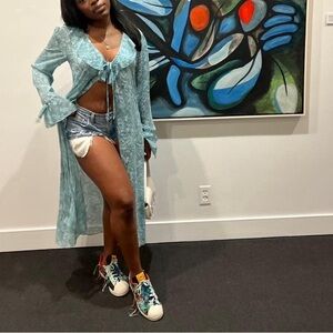 Blue Floral Long Sleeve Kimono Cover Up